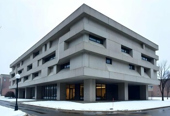 Exterior of neo-brutalist office building with repetitive raw concrete patterns, large slabs, modern symmetry, overcast lighting, minimal urban background