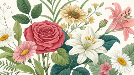 Elegant Botanical Composition Featuring Roses, Lilies, Daisies, and Varied Floral Elements