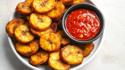 Overhead image of golden fried plantains chili dipping sauce white background popular Congolese street food snack crispy texture with sweet and spicy notes cut out on isolated transparent background