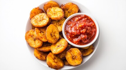 Overhead image of golden fried plantains chili dipping sauce white background popular Congolese...