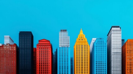Fototapeta premium Vibrant urban skyline featuring colorful modern architecture against a clear blue sky, highlighting city diversity and creativity