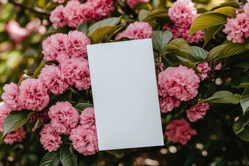 Obraz premium Blank card amidst blossoming pink flowers