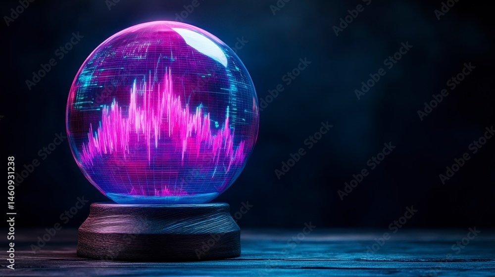 Poster futuristic crystal ball displaying vibrant digital data visualization against a dark background for 