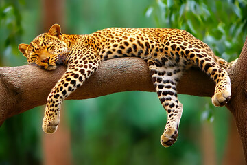 Naklejka premium Serene leopard resting on a tree branch, wildlife photography showcasing its spotted coat and peaceful demeanor.