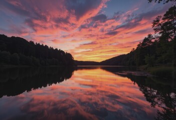 Stunning sunset reflecting on a tranquil lake surrounded by trees