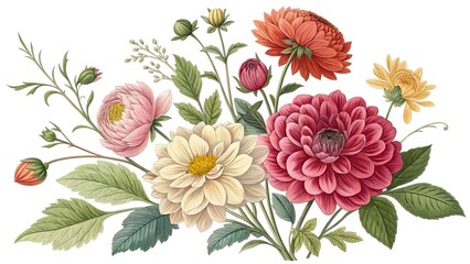 Elegant Arrangement of Dahlias in Pastel and Earth Tones Against White Background