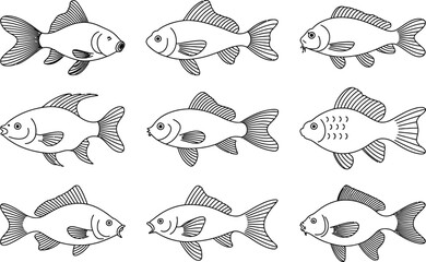 Fototapeta premium Simple black and white outlined illustrations of various goldfish swimming and facing different directions