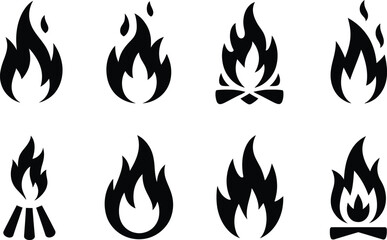 Fototapeta premium A collection of stylized black flame icons representing fire burning and campfire elements