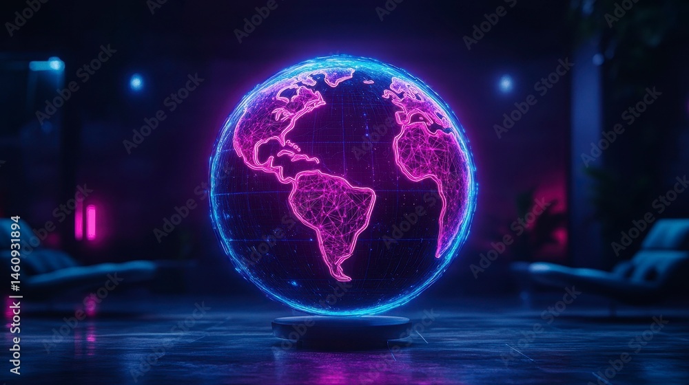 Poster a futuristic holographic globe illuminated with neon lights displaying a network of connections acro
