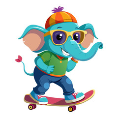 A vibrant, detailed, and funny cartoon Elephant wearing sunglasses on a skateboard, 3D rendered 