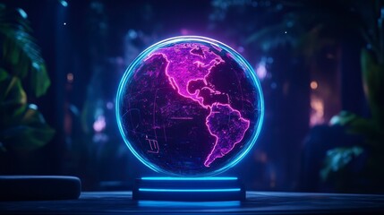 Illuminated digital globe showcasing the Americas with vibrant neon colors and a futuristic aesthetic in a lush environment