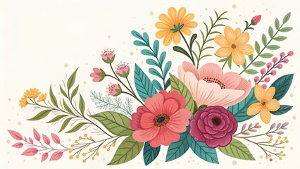 Colorful Floral Arrangement with Pink, Yellow, and Burgundy Blooms on Cream Background