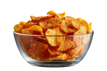 Glass bowl filled with crispy potato chips isolated on transparent background

