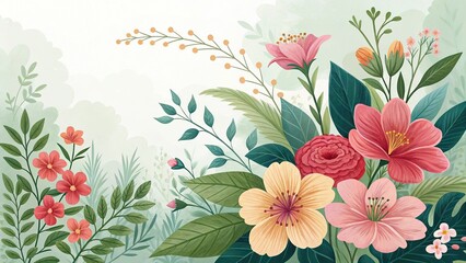 Floral composition with pastel colors and a soft background, watercolor painting