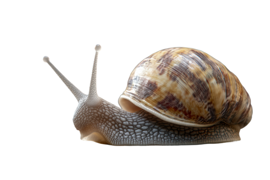 Striped garden snail crawling isolated on transparent background