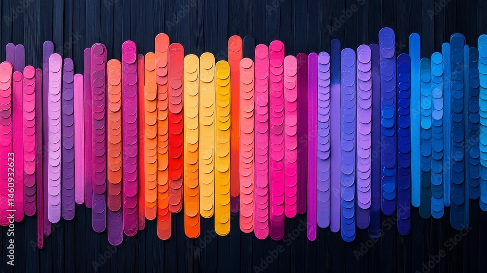 Poster colorful art installation showcasing a vibrant spectrum of circular shapes in a stunning array of hu