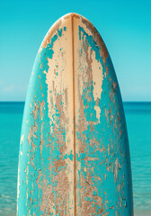 Vintage surfboard against bright ocean