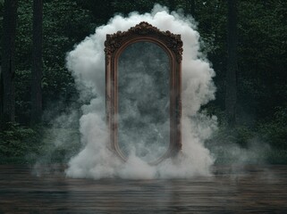 Ornate mirror in a forest surrounded by smoke.