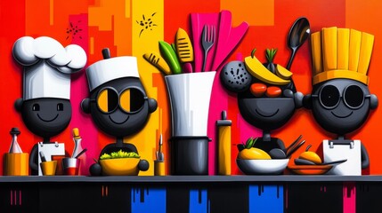 A vibrant culinary scene featuring playful chef characters in a colorful kitchen, highlighting joyful cooking and creativity