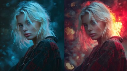 Naklejka premium Dual-toned portrait of a woman with contrasting color palettes.