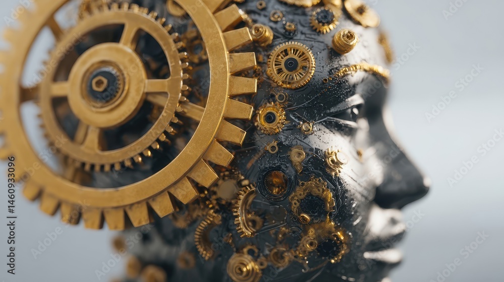 Poster close-up view of a sculpted head adorned with intricate gears.