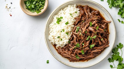 Overhead image of South African style shredded beef pap inspired Free State rural cuisine plated...