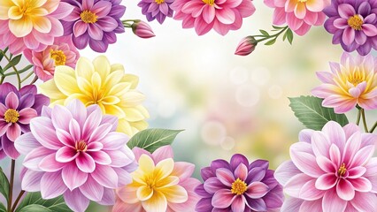 A beautiful floral background with colorful dahlia flowers arranged in a frame
