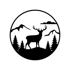 Deer silhouette in nature landscape vector art with mountains trees and cloud design for print and cut