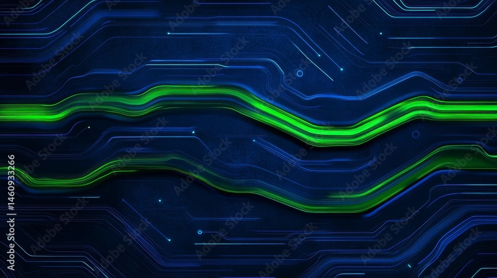 Poster futuristic abstract circuit board design featuring glowing green lines against a deep blue backgroun