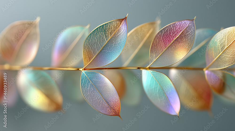 Poster botanical gem: a close-up captures a branch adorned with translucent, iridescent leaves that shimmer