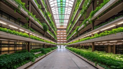 Fototapeta premium Redevelopment of abandoned spaces Urban greenery in a modern building showcasing lush plants and natural light.