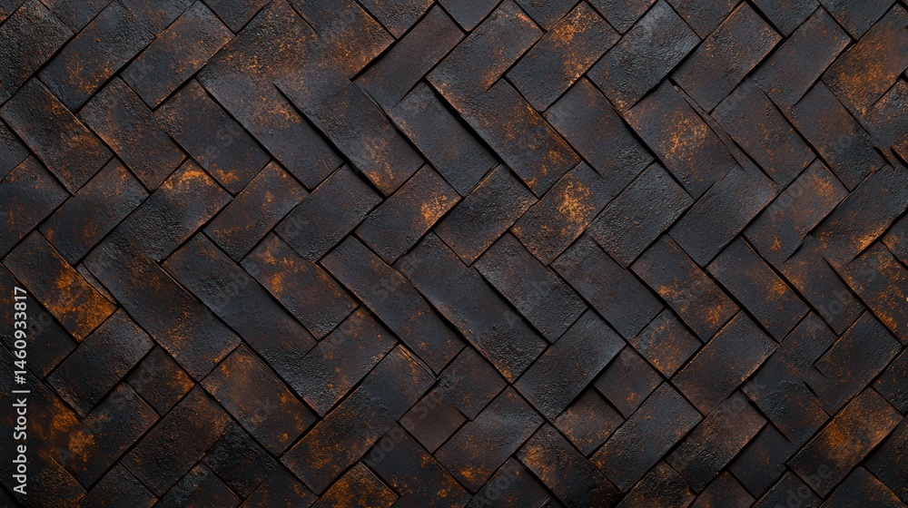 Poster a close-up view of intricately woven dark leather tiles with a rustic finish, showcasing texture and