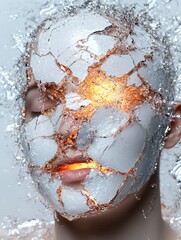 Conceptual image of a person's face with a cracked mask revealing light.