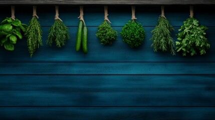 A vibrant assortment of fresh herbs and vegetables neatly hung against a textured blue wooden background