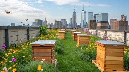 Redevelopment of abandoned spaces Rooftop bee hives with city skyline in the background, showcasing urban gardening and sustainability.