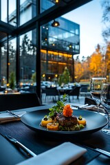 Gourmet dish on a black plate, modern restaurant, autumn view