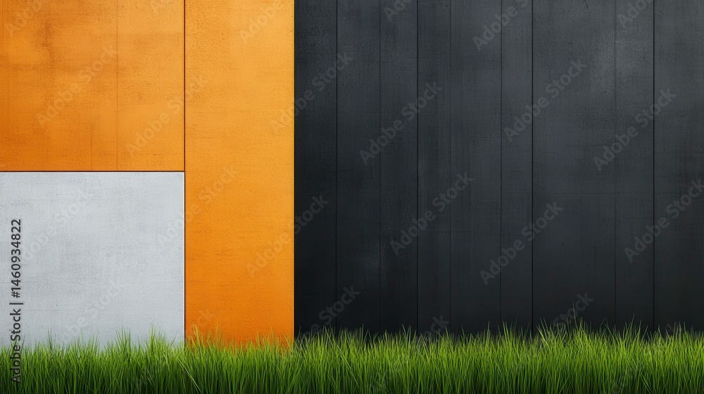 Poster modern abstract wall in vibrant colors with contrasting textures and greenery at the base creating a