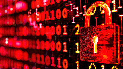 Glowing red padlock on dark digital interface symbolizing cryptocurrency security breach, blockchain technology concept for cyber security and data protection.