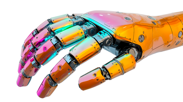 Metallic Robotic Hand Close-up, Iridescent Colors, Technology, cut out transparent