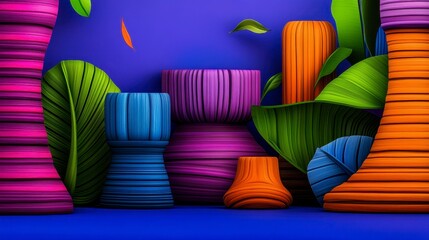 Vibrant arrangement of colorful pottery and lush greenery against a striking blue background for artistic and decorative purposes