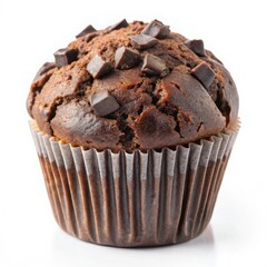 Delicious chocolate chip muffin freshly baked in a paper liner with white background