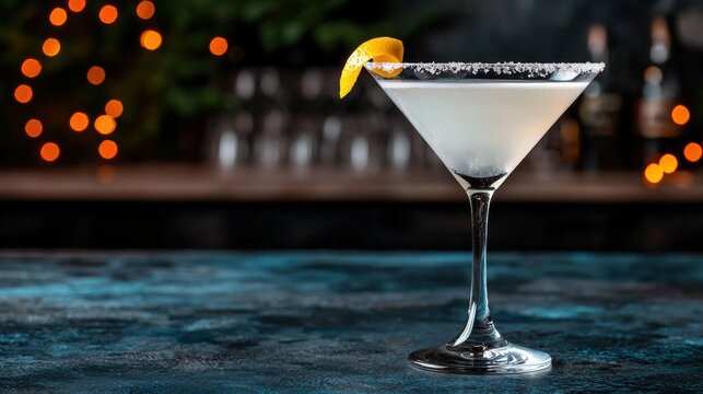 Elegant cocktail with sugared rim and lemon twist garnish.