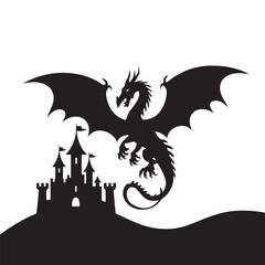 Dragon flying Over the Castle silhouette vector illustration