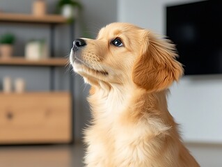 Fototapeta na wymiar Adorable golden retriever puppy looking up