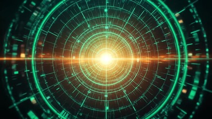 High-tech digital radar screen with a rotating green scanner beam, glowing circular grid lines, and flickering blips - Powered by Adobe