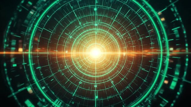 High-tech digital radar screen with a rotating green scanner beam, glowing circular grid lines, and flickering blips