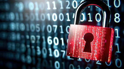 Glowing red padlock on dark digital interface symbolizing cryptocurrency security breach, blockchain technology concept for cyber security and data protection.