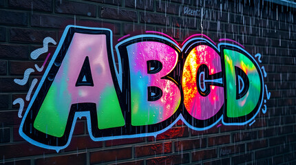 Vibrant ABCD graffiti art shines bright in the rain a captivating urban scene
