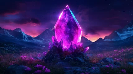 Fototapete A stunning purple crystal standing majestically in a mystical landscape surrounded by beautiful flowers and mountains at twilight © Gefo