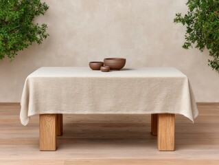 A table setting with ceramic bowls on a linen tablecloth.